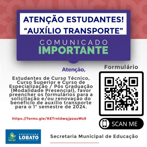 Secretaria de Educação de Lobato Abre Inscrições para Benefícios Estudantis do 1° Semestre de 2024